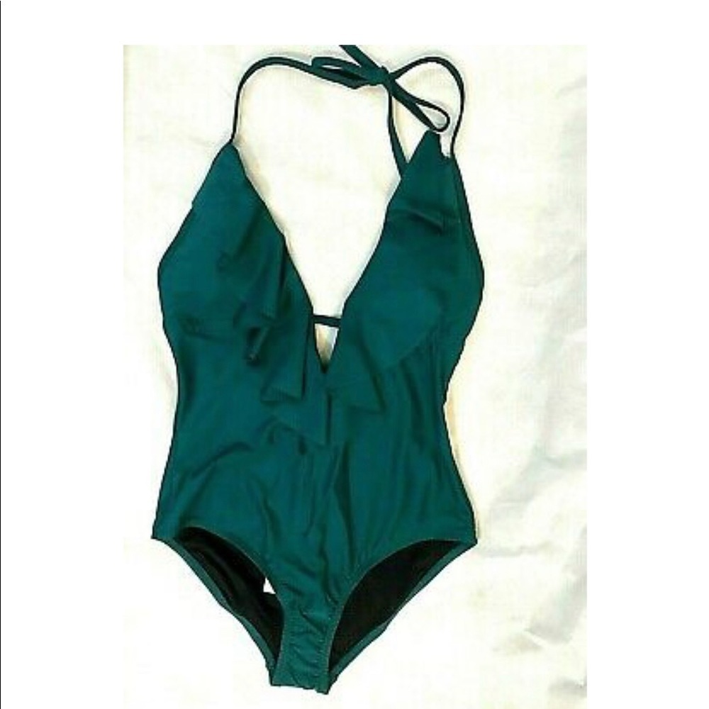 Coastal Blue Women's Green Swimsuit Swimwear Deep V Ruffle Front Tie Back